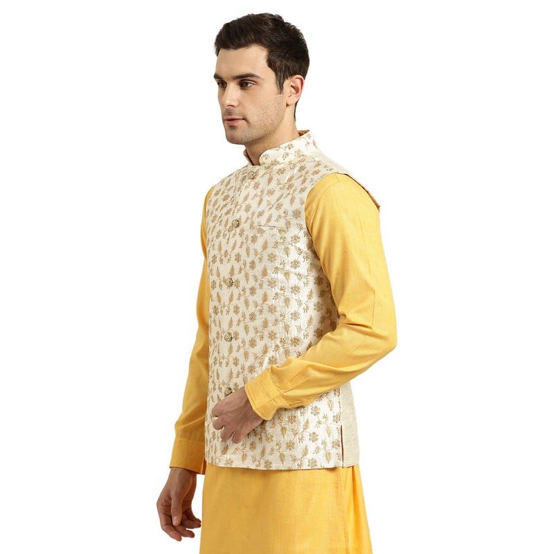 Sojanya (Since 1958 Men'S Silk Blend, Cream & Gold Embroidered Nehru Jacket, Size 44 - Image 3